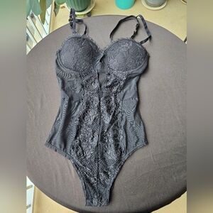 Black Lace Bodysuit Sheer Mesh Panel Padded Cups Adjustable Straps Size S